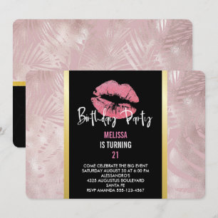 Pink Glitter Lips & Rose Gold Tropical Leaves Invitation