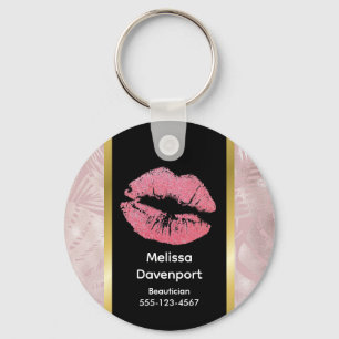 Pink Glitter Lips & Rose Gold Tropical Leaves Key Ring