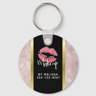 Pink Glitter Lips & Rose Gold Tropical Leaves Key Ring