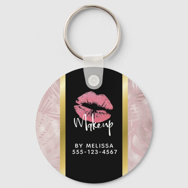Pink Glitter Lips & Rose Gold Tropical Leaves Key Ring (Front)