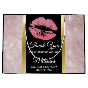 Pink Glitter Lips & Rose Gold Tropical Leaves Large Gift Bag