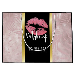 Pink Glitter Lips & Rose Gold Tropical Leaves Large Gift Bag