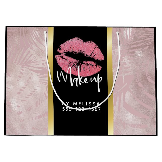 Pink Glitter Lips & Rose Gold Tropical Leaves Large Gift Bag (Front)