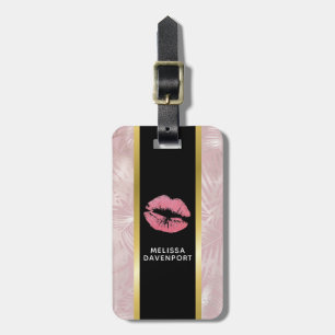 Pink Glitter Lips & Rose Gold Tropical Leaves Luggage Tag