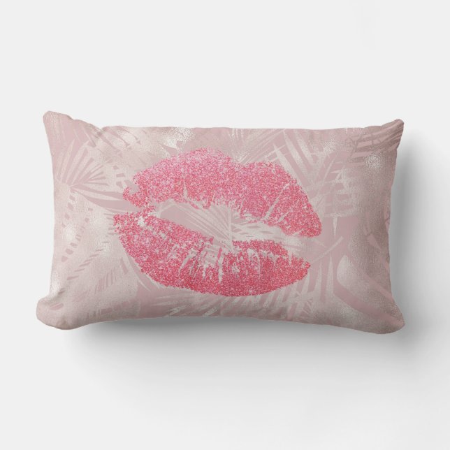 Pink Glitter Lips & Rose Gold Tropical Leaves Lumbar Cushion (Front)