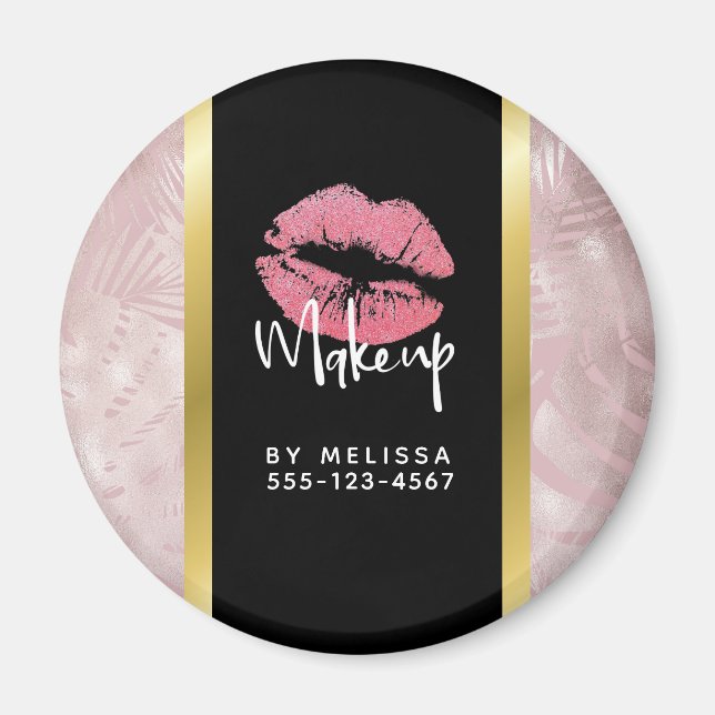 Pink Glitter Lips & Rose Gold Tropical Leaves Magnet (Front)