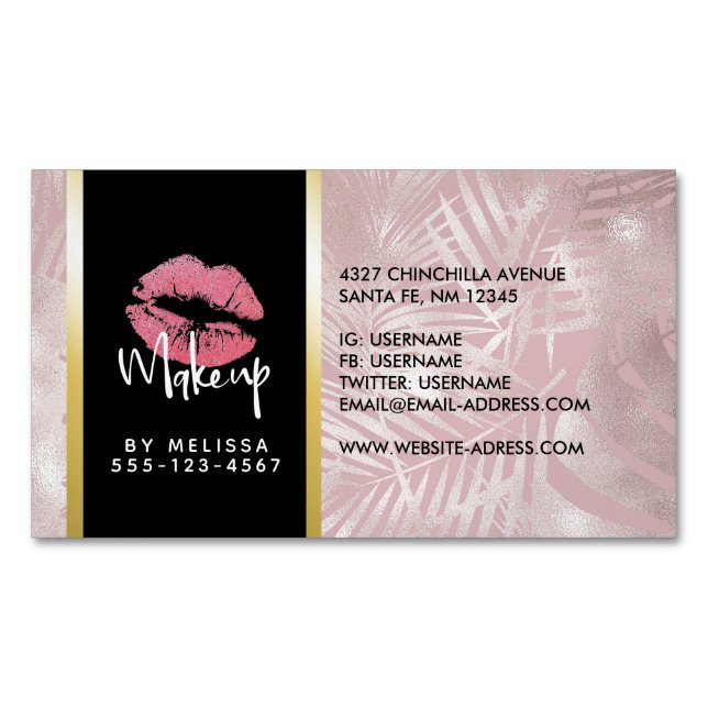 Pink Glitter Lips & Rose Gold Tropical Leaves Magnetic Business Card (Front)