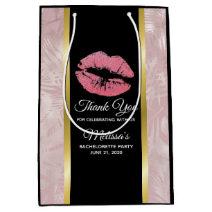 Pink Glitter Lips & Rose Gold Tropical Leaves Medium Gift Bag