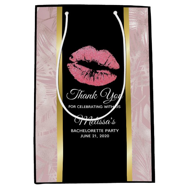 Pink Glitter Lips & Rose Gold Tropical Leaves Medium Gift Bag (Front)