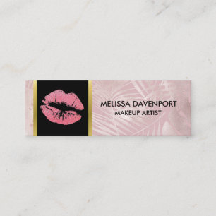 Pink Glitter Lips & Rose Gold Tropical Leaves Mini Business Card