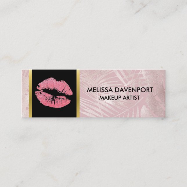 Pink Glitter Lips & Rose Gold Tropical Leaves Mini Business Card (Front)
