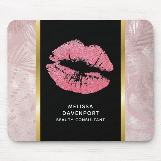 Pink Glitter Lips & Rose Gold Tropical Leaves Mouse Mat (Front)