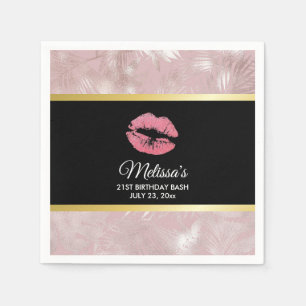 Pink Glitter Lips & Rose Gold Tropical Leaves Napkin