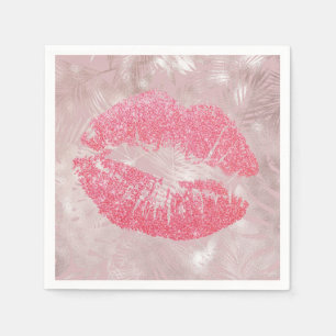 Pink Glitter Lips & Rose Gold Tropical Leaves Napkin