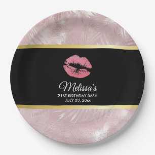 Pink Glitter Lips & Rose Gold Tropical Leaves Paper Plate