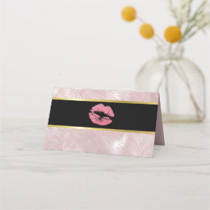 Pink Glitter Lips & Rose Gold Tropical Leaves Place Card