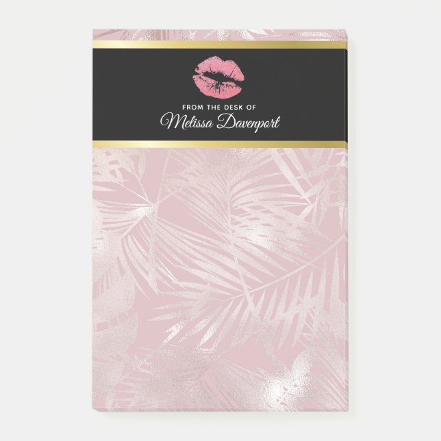 Pink Glitter Lips & Rose Gold Tropical Leaves Post-it Notes (Front)