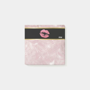 Pink Glitter Lips & Rose Gold Tropical Leaves Post-it Notes