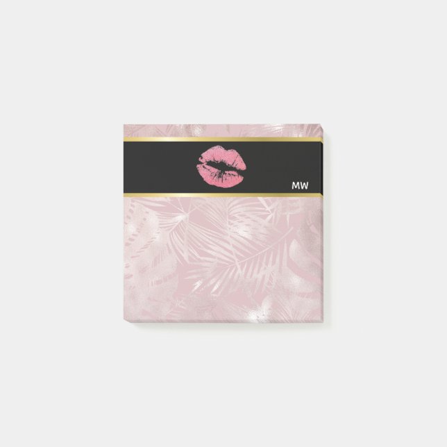 Pink Glitter Lips & Rose Gold Tropical Leaves Post-it Notes (Front)