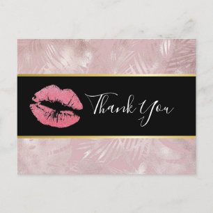 Pink Glitter Lips & Rose Gold Tropical Leaves Postcard