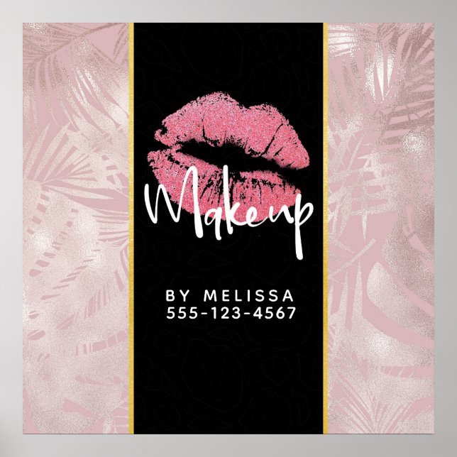 Pink Glitter Lips & Rose Gold Tropical Leaves Poster (Front)