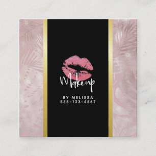 Pink Glitter Lips & Rose Gold Tropical Leaves Square Business Card