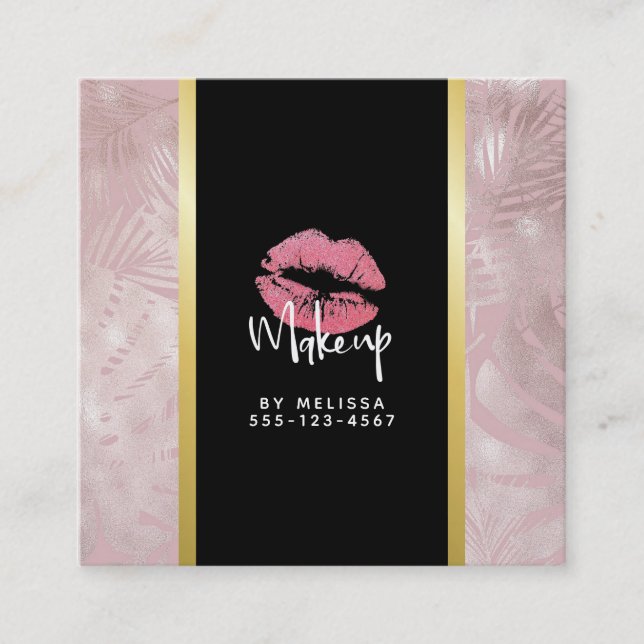 Pink Glitter Lips & Rose Gold Tropical Leaves Square Business Card (Front)