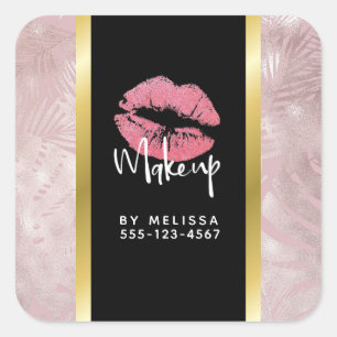 Pink Glitter Lips & Rose Gold Tropical Leaves Square Sticker