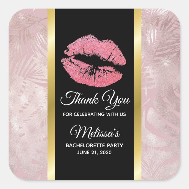 Pink Glitter Lips & Rose Gold Tropical Leaves Square Sticker (Front)