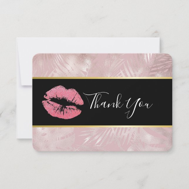 Pink Glitter Lips & Rose Gold Tropical Leaves Thank You Card (Front)