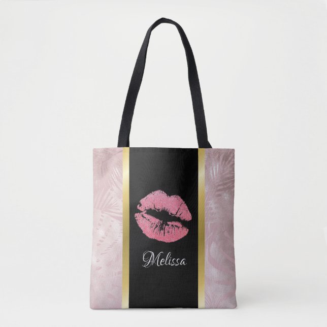 Pink Glitter Lips & Rose Gold Tropical Leaves Tote Bag (Front)