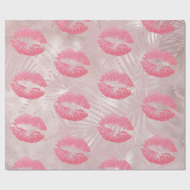 Pink Glitter Lips & Rose Gold Tropical Leaves Wrapping Paper (Flat)