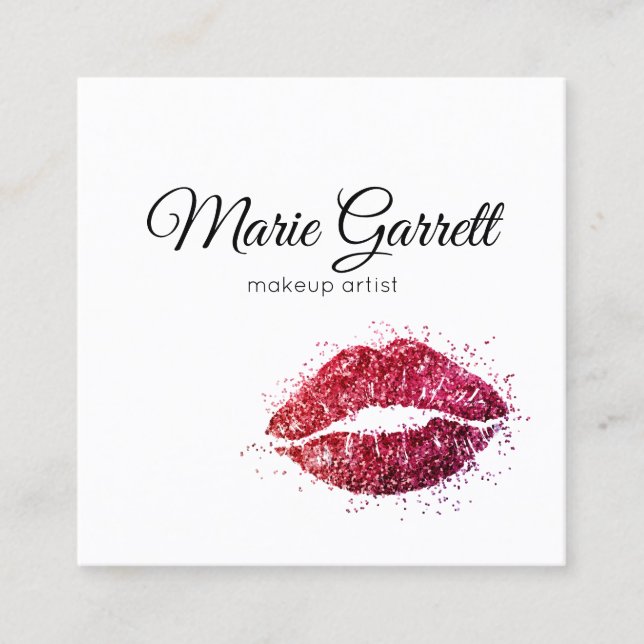 Pink Glitter Lipstick Kiss Square Business Card (Front)