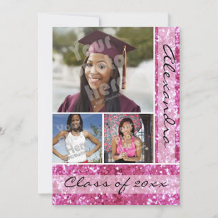Pink Glitter-Look 3 Photo Graduation Invitation