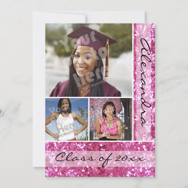 Pink Glitter-Look 3 Photo Graduation Invitation (Front)