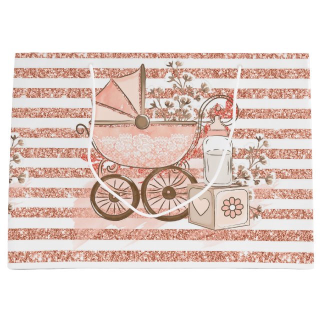 PINK GLITTER LOOK BABY GIRL PRAM & FLOWERS LARGE GIFT BAG (Front)