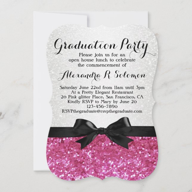 Pink Glitter-look Bow Graduation Party Invitation (Front)