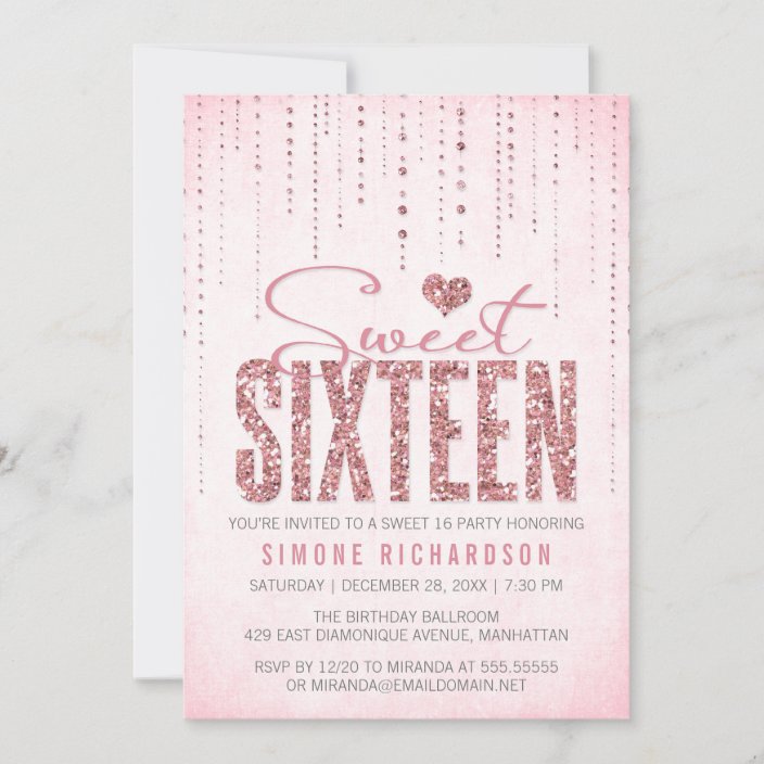 Pink Glitter Look Sweet 16 (Sixteen) Party Invitation Zazzle.co.uk