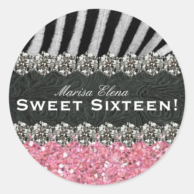 Pink Glitter Look Zebra Celebration Sweet Sixteen Classic Round Sticker (Front)