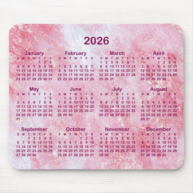Pink Glitter Marble 2026 Calendar Mouse Mat (Front)