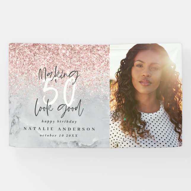 Pink glitter marble making 50 look good birthday banner (Horizontal)