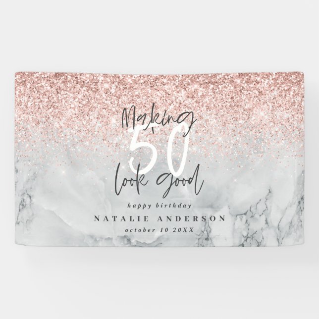 Pink glitter marble making 50 look good birthday banner (Horizontal)