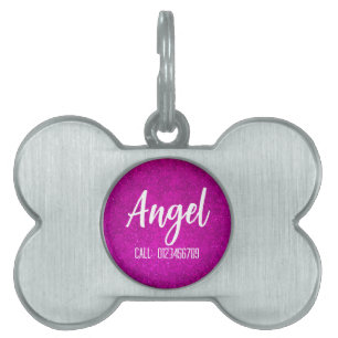 Pink glitter metal bone pet tag for dogs
