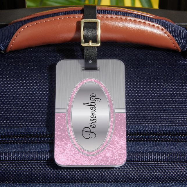 Pink Glitter & Metal Brush Steel Print Luggage Tag (Front Insitu 2)