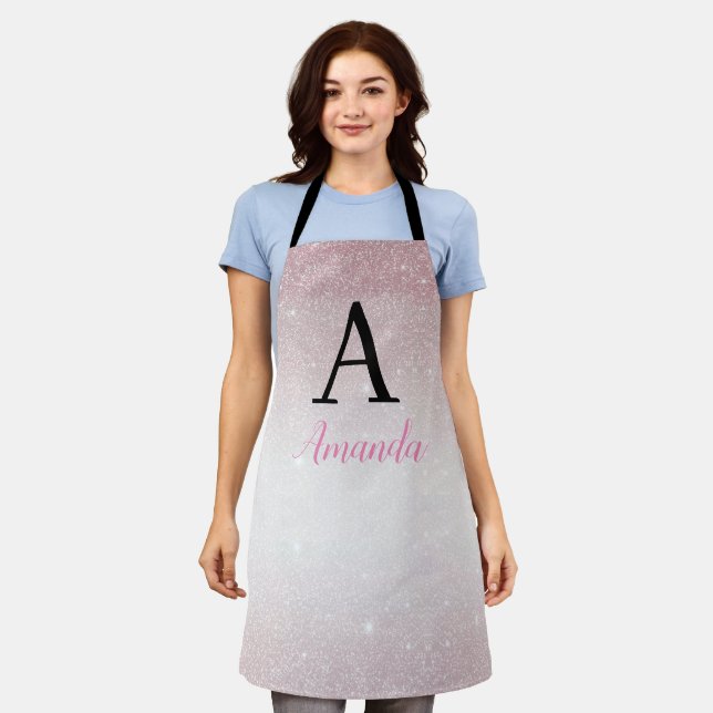  Pink Glitter Monogram Add Your Name + Initial Apron (Worn)