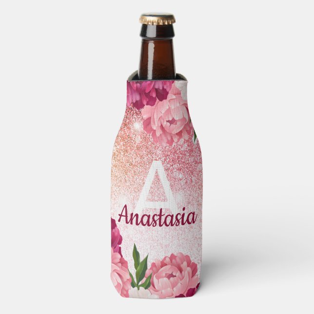 Pink Glitter monogram floral luxury Bottle Cooler (Bottle Front)