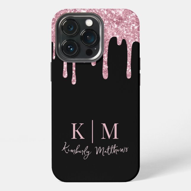 Pink Glitter Monogram Initials on Black iPhone Case (Back)
