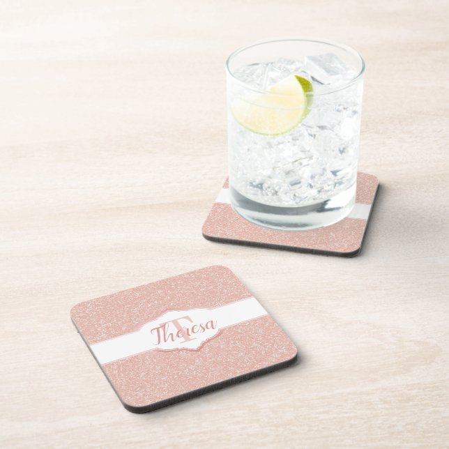 Pink Glitter Monogram Plastic Coaster (Right Side)