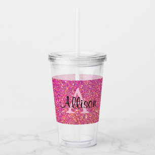 Pink Glitter Monogram Script Name Acrylic Tumbler