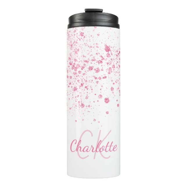 Pink glitter monogram white thermal tumbler (Front)